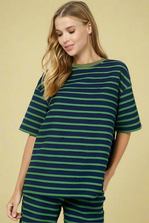 Open image in slideshow, Scallop Stripe Oversized Top - Navy &amp; Green
