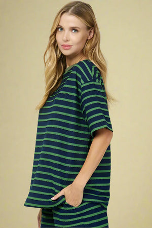 Scallop Stripe Oversized Top - Navy & Green