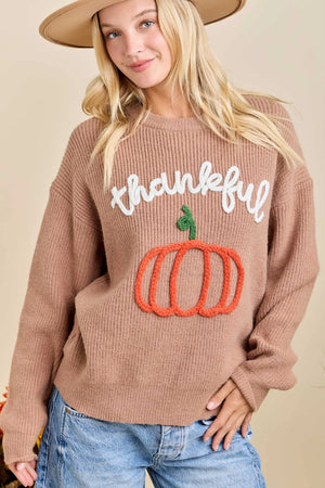 Open image in slideshow, Thankful Pumpkin Embroidered Sweater
