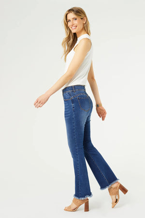 Open image in slideshow, OMG Zoey Zip Flare Jeans with Fringe Bottoms
