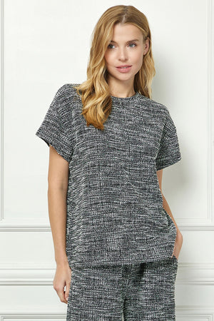 Open image in slideshow, Black Boucle Textured Short Sleeve Top
