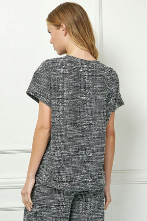 Black Boucle Textured Short Sleeve Top