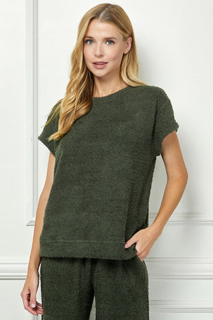 Open image in slideshow, Olive Fringe Terry Short Sleeve Top
