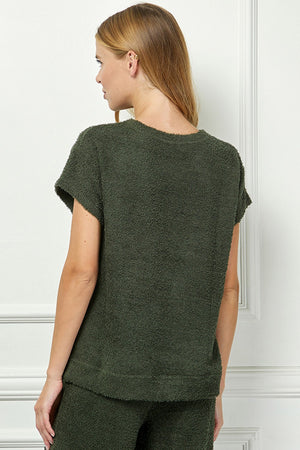 Olive Fringe Terry Short Sleeve Top