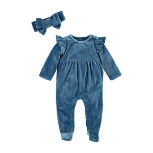 Open image in slideshow, Blue Velour Sleeper &amp; Headband Set
