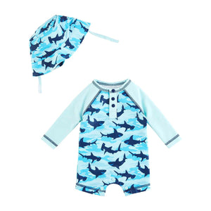 Open image in slideshow, Camo Shark Rash Guard One-Piece and Hat Set
